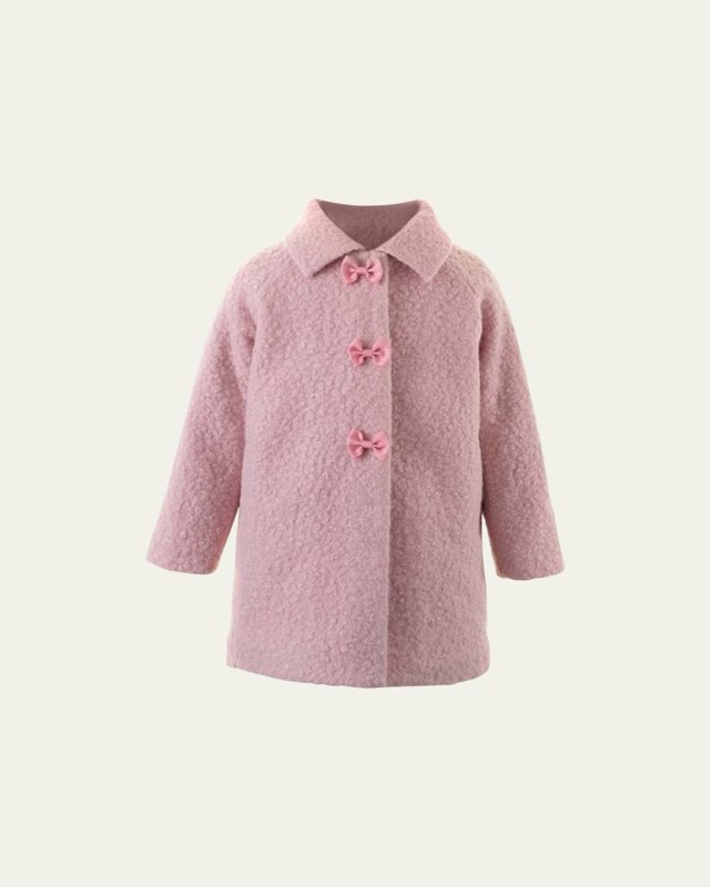 Girl's Bow Buttons Boucle Coat, Size 2-10